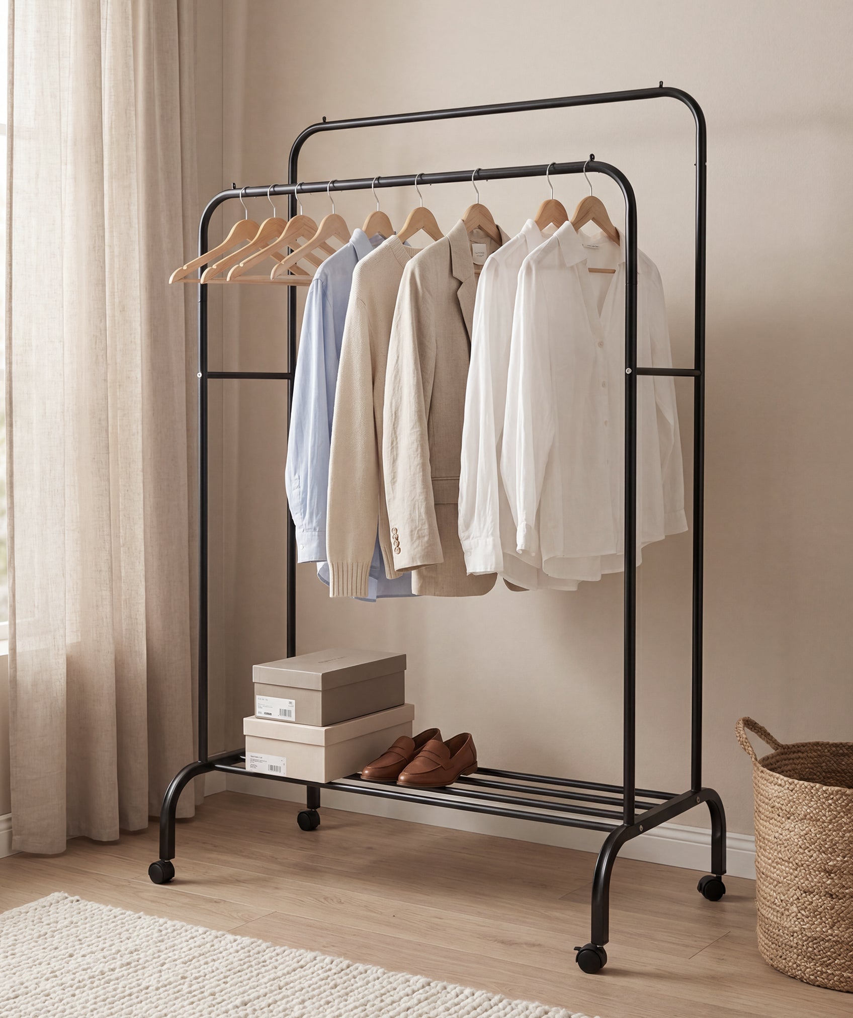 Perchero con doble barra y con ruedas