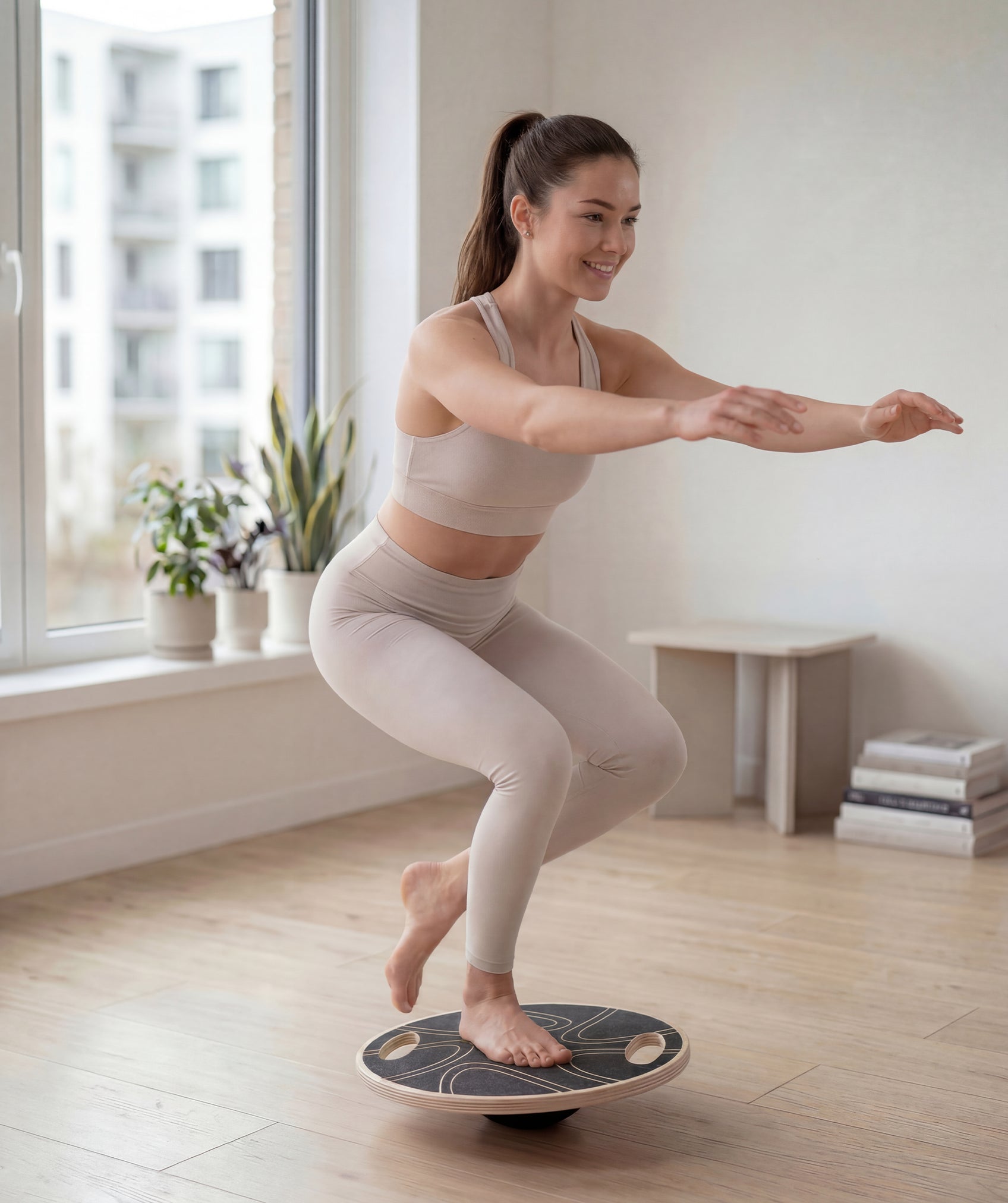 Tabla de equilibrio antideslizante de madera con agarre y grabado